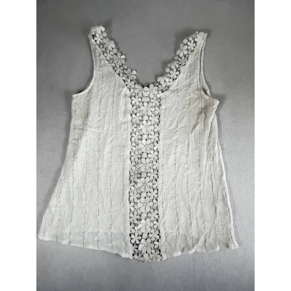 Crochet‎ Lace Tank Top Women Small White Gold Boho Whimsical Romantic